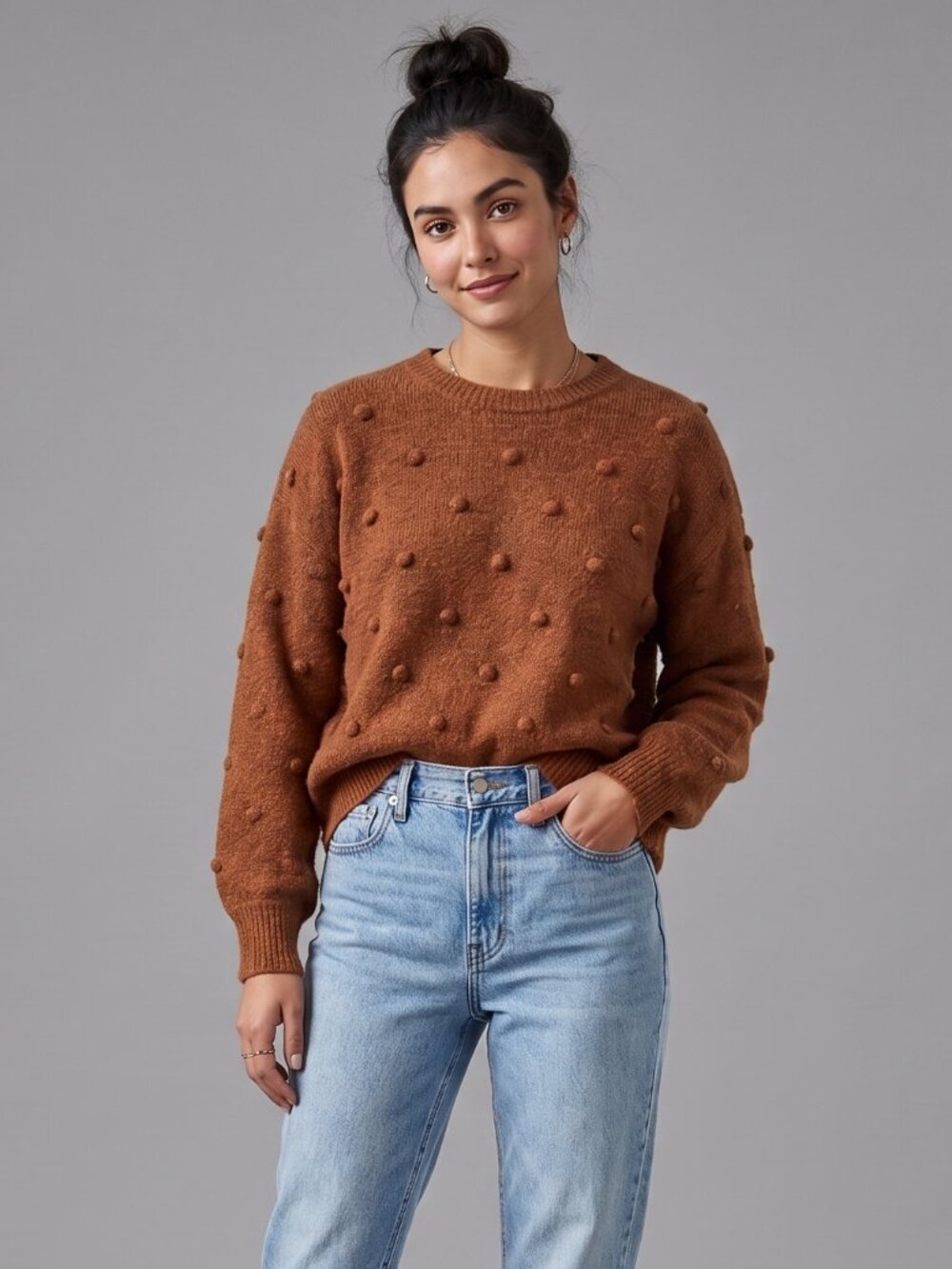 Madewell Rust Brown Marled Bobble Pom Pom Knit Crewneck Sweater Size Small